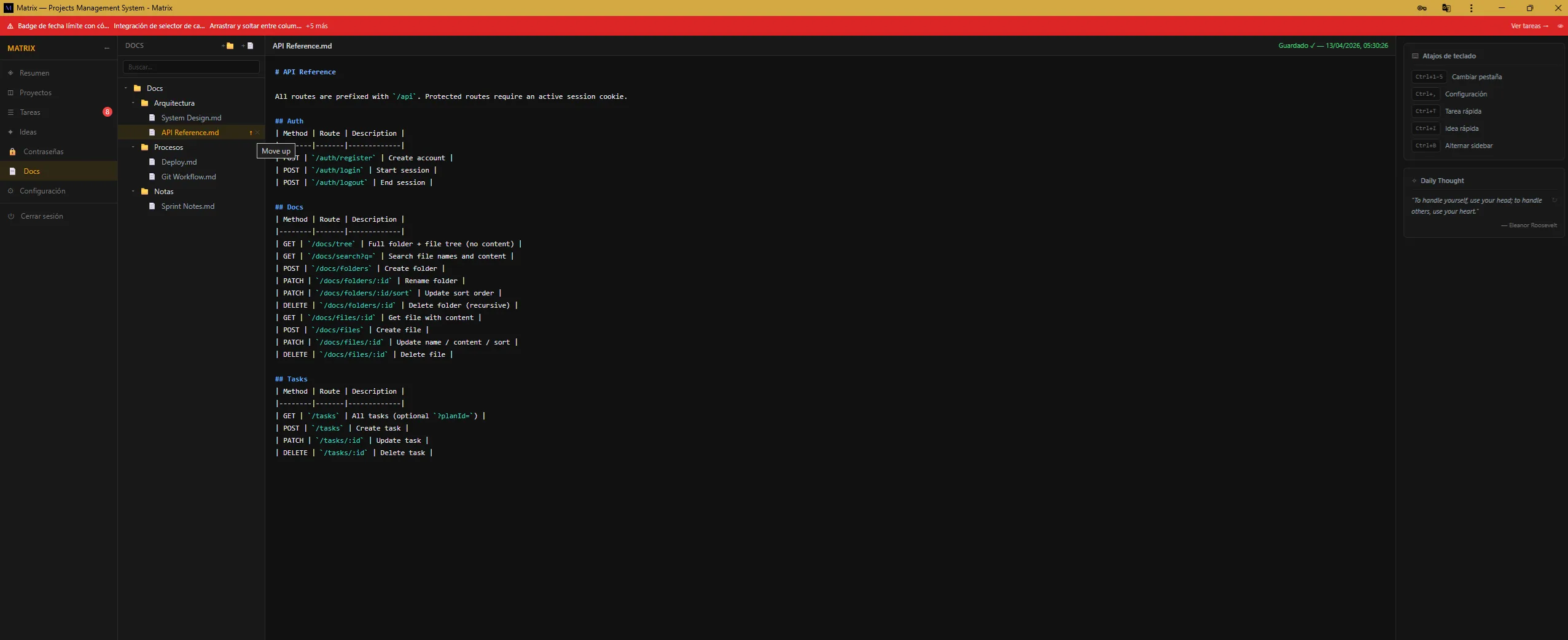 Módulo de Base de Conocimiento de Matrix App — wiki personal con árbol de carpetas, editor markdown y búsqueda completa