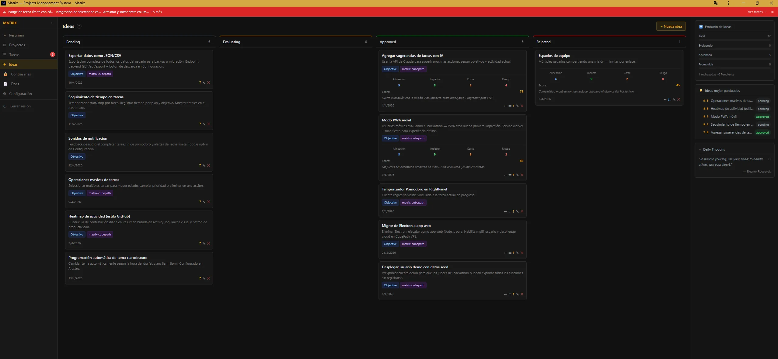 Módulo de Pipeline de Ideas de Matrix App — evaluación sistemática con scoring por alineación, impacto, coste y riesgo