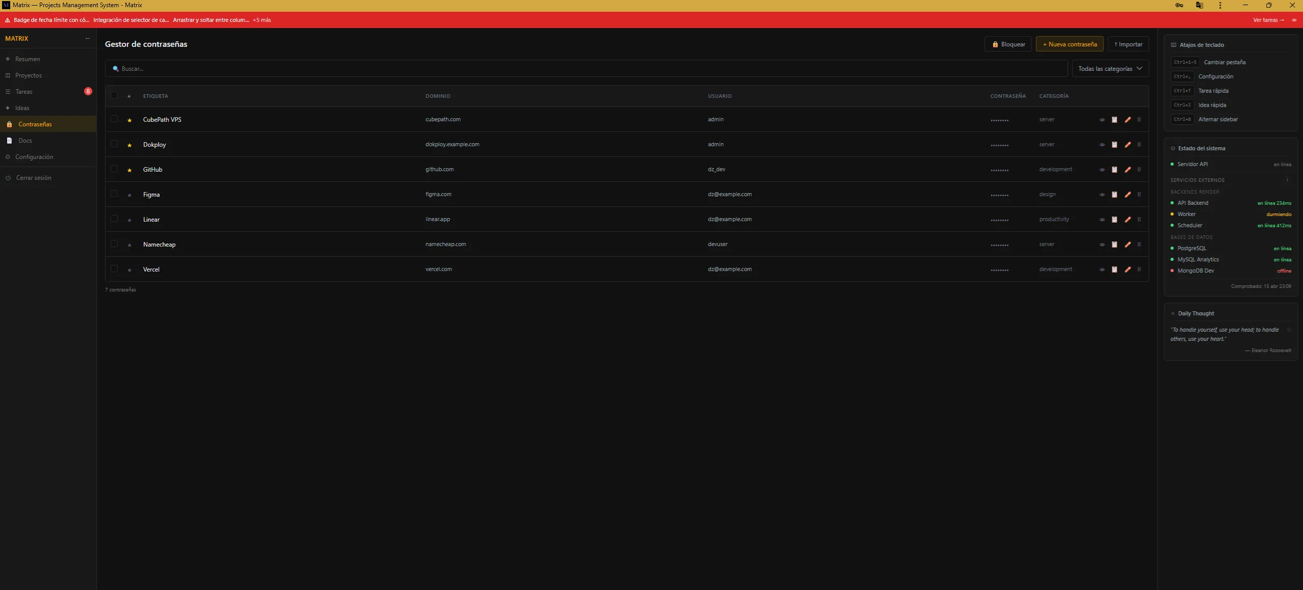 Módulo de Gestor de Contraseñas de Matrix App — cifrado AES-256 con categorías específicas para developers: cloud, APIs, databases y servidores