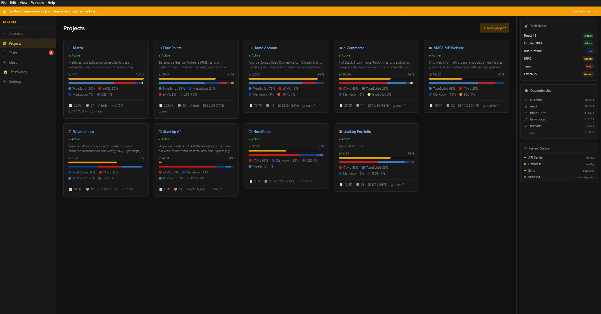 Matrix App — Vista de proyectos