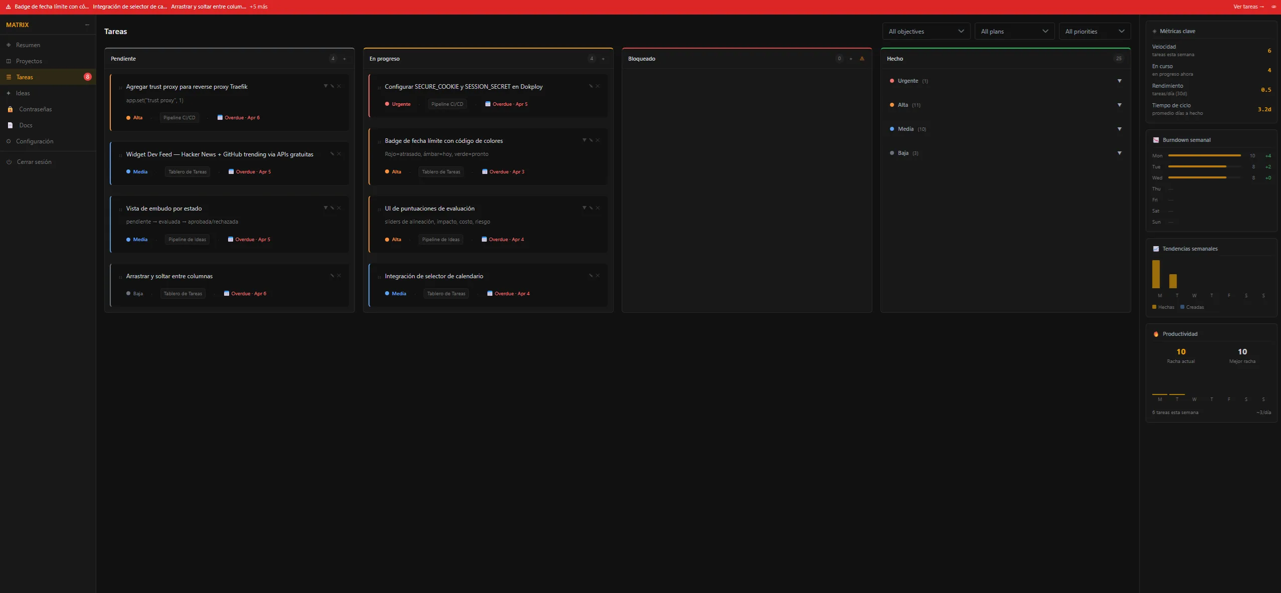 Módulo de Tablero de Tareas de Matrix App — tablero kanban con columnas pending, in_progress, blocked y done para programadores independientes